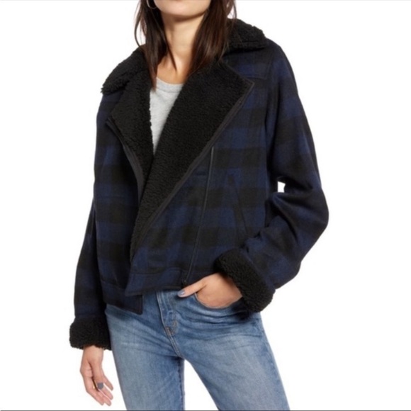 Treasure & Bond Nordstrom Check Jacket Faux Sherpa Navy and Black Size XS - Picture 1 of 12
